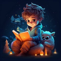 A young boy reading a book by lantern light with a fluffy toy beside him in a cozy night setting