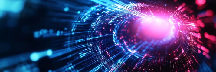 Obraz premium Digital Tunnel of Light: Futuristic Data Flow Concept - A dynamic abstract representation of digital data flow, symbolizing speed, connectivity, innovation, future technology, and the flow of informat