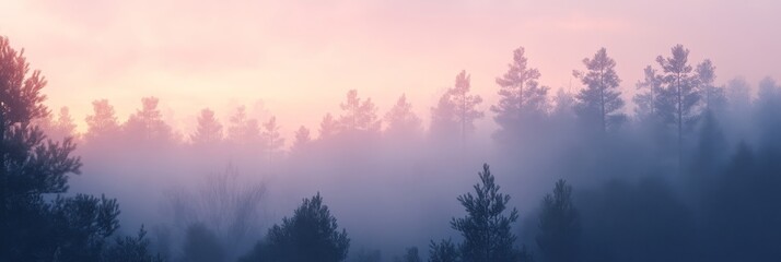 Fototapeta premium Enchanting Foggy Forest Sunrise - A serene and ethereal landscape showcasing the beauty of a forest bathed in the soft glow of sunrise with mist swirling around the trees, symbolizing tranquility, mys