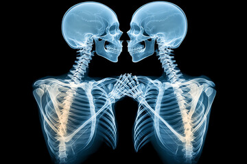 A light blue neon x-ray of two skeletons in love, AI generated