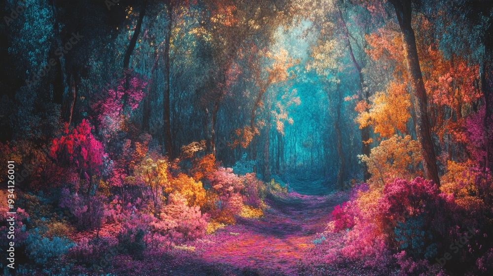 Poster enchanting path through a dreamlike forest - a mystical forest path with vibrant colors and magical 