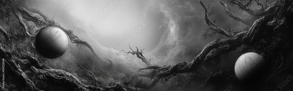 Poster ethereal landscape with twirling branches and celestial spheres - a captivating black and white land