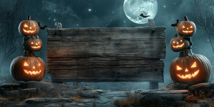Halloween sign with many glowing jack-o'-lanterns in a foggy, moonlit field, , mist, bats; a spooky scene with copyspace for custom message, customizable horizontal banner layout - rustic wood texture