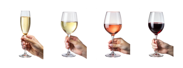 Hands holding different types of wine glasses, champagne, white, rose, and red, isolated on transparent background, PNG file