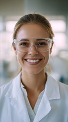 Fototapeta premium A portrait of a smiling medical laboratory technician wearing a lab coat and safety goggles, standing confidently in a bright lab environment, with a light solid color background