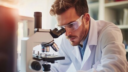A medical laboratory technologist analyzing blood samples with a microscope, focused expression, light solid color background