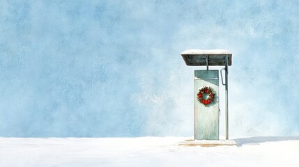 Naklejka premium Festive Winter Landscape with a Solitary Structure - A snowy winter landscape featuring a solitary structure adorned with a Christmas wreath, symbolizing anticipation, tradition, hope, serenity, and t