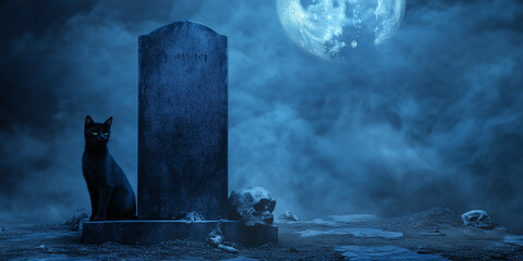 A blank gravestone in a cemetery, full moon - with a black cat standing next to it and a skull. A creepy background sign for custom messaging with a sinister halloween or haunted theme.