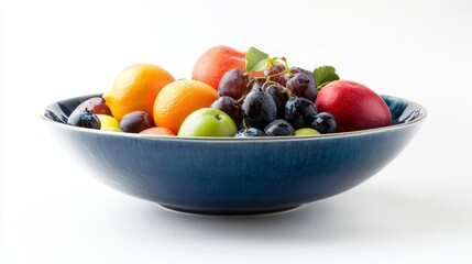 Fresh Fruit Salad in a Blue Bowl on White Background - A blue ceramic bowl overflowing with a colorful fruit salad, symbolizing freshness, abundance, health, and a delicious treat. The white backgroun