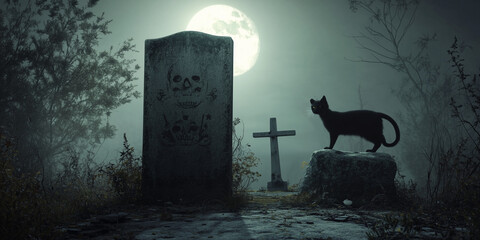 A black cat is silhouetted in front of grave stones in a haunted cemetery during a full moon. Misty night air creates a spooky tone, blank copyspace for halloween message