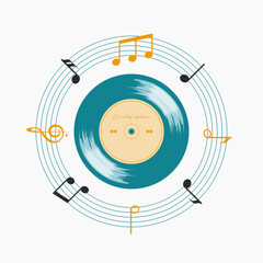 vintage style vector illustration featuring a music vinyl record and rhythmically looping notes featuring a retro vintage style vinyl instrument. music festival design concept