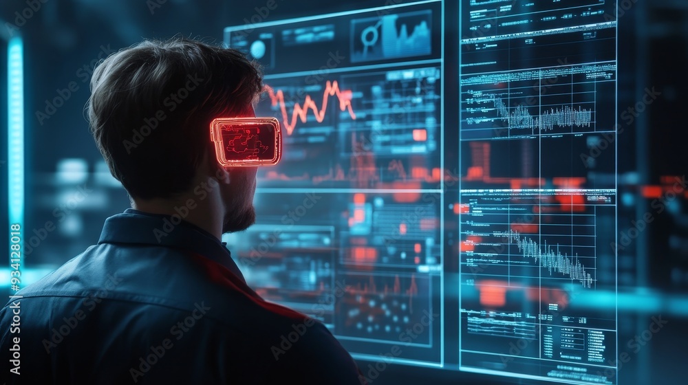 Poster futuristic businessman analyzing data on interactive screens - a businessman wearing a futuristic he