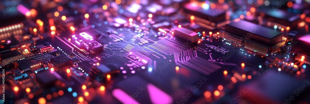 Poster futuristic circuit board with glowing lights - a close-up of a futuristic circuit board with glowing