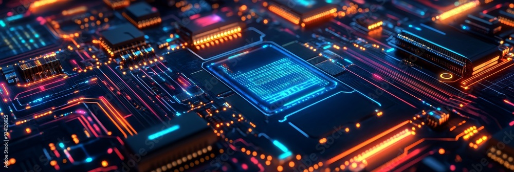 Poster futuristic circuit board with glowing blue chip - abstract image of a circuit board with glowing blu