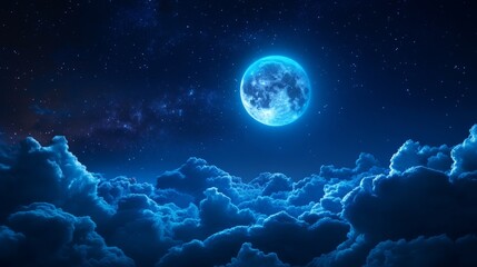 Full Moon Shining Brightly Over a Sea of Clouds - A stunning full moon illuminates the night sky, casting an ethereal glow over a vast expanse of clouds, symbolizing dreams, tranquility, hope, and the