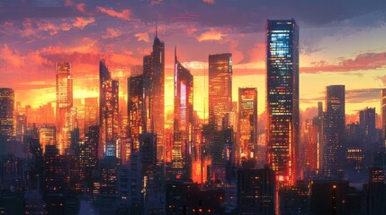 Fototapeta premium Futuristic City Skyline at Sunset - A vibrant cityscape with towering skyscrapers silhouetted against a breathtaking sunset, symbolizing urban development, progress, ambition, technology, and the beau