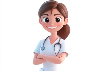 Friendly Female Doctor Cartoon Character 3D  - A smiling female doctor cartoon character with brown hair, wearing a white coat and stethoscope, standing with arms crossed. This 3D  image represents he