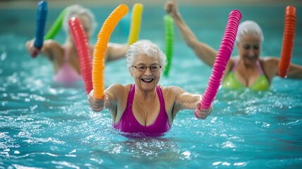Seniors engaged in aqua aerobics class using colorful pool noodles in a community swimming pool