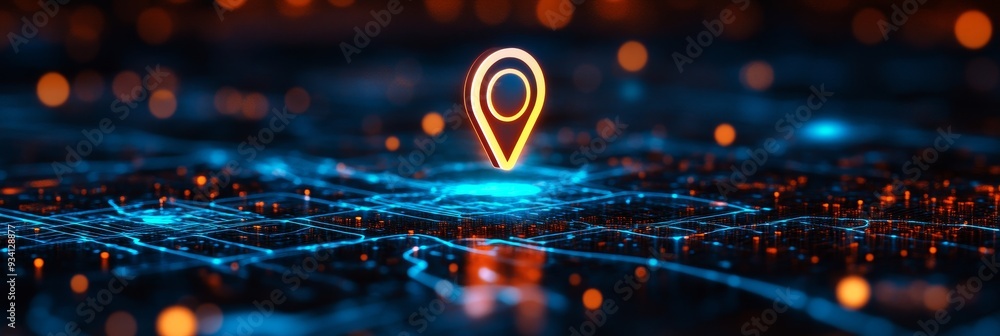 Poster futuristic location pin on digital map - a glowing location pin symbol stands out against a digital 