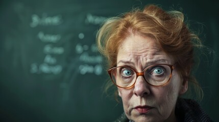 A strict teacher stares intently with wide eyes, surrounded by chalkboard notes, radiating an air of authority and discipline in a classroom