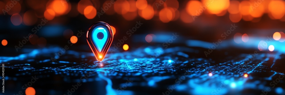 Poster glowing location pin on digital map, concept for gps navigation, technology and data - a glowing blu