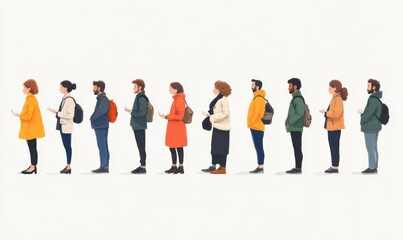 Illustration of people waiting standing sitting in line, Generative AI