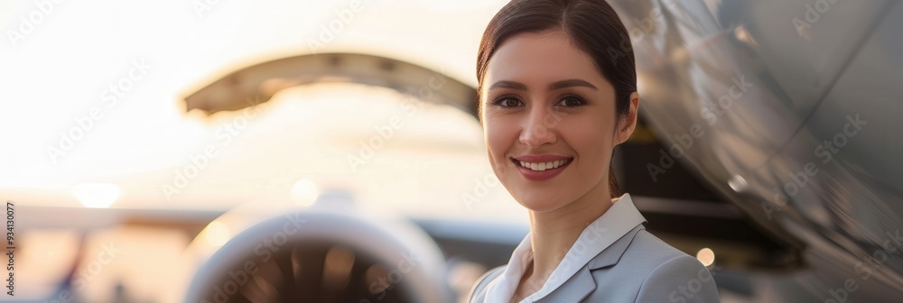 Poster a friendly flight attendant stands confidently next to an aircraft, showcasing professionalism and w