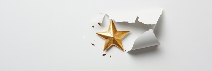 Golden Star Breaking Through Ripped Paper - Symbol of Success, Hope, and Opportunity - A golden star bursts through a torn piece of white paper, symbolizing success, hope, opportunity, and achieving g