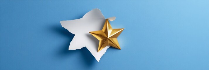 Obraz premium Golden Star Shining Through Torn Paper on Blue Background - A golden star bursts through a torn piece of white paper, symbolizing achievement, success, breaking through barriers, reaching goals, and n