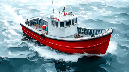 Dynamic Illustration of an Orange Fishing Boat Navigating Choppy Ocean Waves, Stylized Marine Vessel with Vibrant Colors and Nautical Adventure Theme