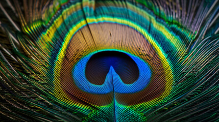 Obraz premium Macro shot of a peacock feather with vibrant blue-green, yellow, and brown shades forming an 