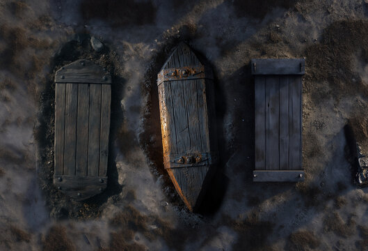 Three caskets or coffins in a graveyard, top down view. A whimsical Halloween image in a spooky cemetery with open graves and copyspace for a custom message