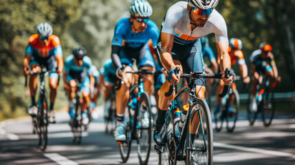 Cycling race. A group of cyclists on bicycles rides along a beautiful road against the backdrop of sunset. Sports background for design. Road cycling.