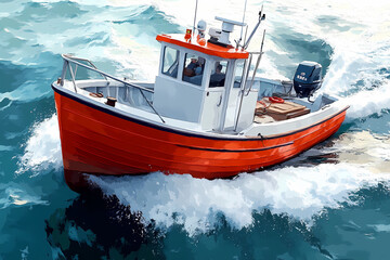 Dynamic Illustration of an Orange Fishing Boat Navigating Choppy Ocean Waves, Stylized Marine Vessel with Vibrant Colors and Nautical Adventure Theme