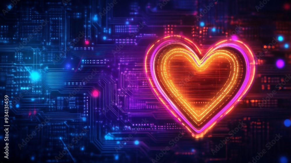 Poster glowing heart shape on digital circuit board, futuristic technology concept