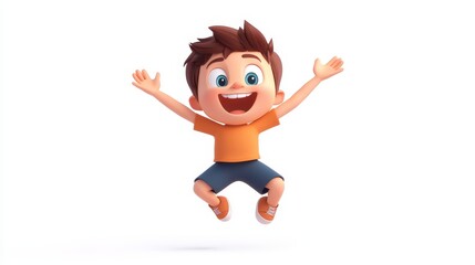 Happy Jumping Boy Cartoon Character 3D  - A joyful cartoon boy with brown hair jumps with his arms raised, symbolizing happiness, excitement, freedom, childhood, and playfulness.