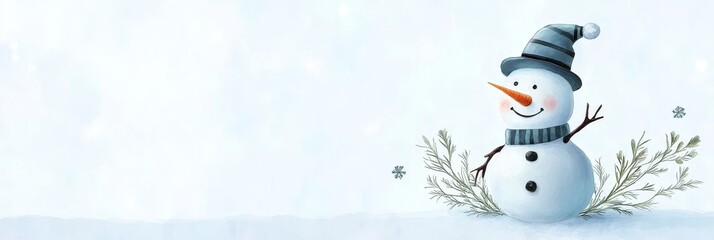 Fototapeta premium Happy Snowman in Winter Wonderland - A cheerful snowman with a carrot nose and a striped hat, standing amidst snowy landscape and delicate winter foliage, conveying joy and warmth.