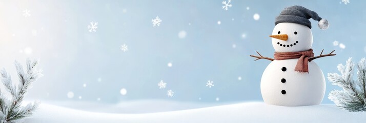 Happy Snowman in Winter Wonderland - A cheerful snowman with a carrot nose and a red scarf stands in a snowy landscape, with snowflakes falling and a hint of sunshine.