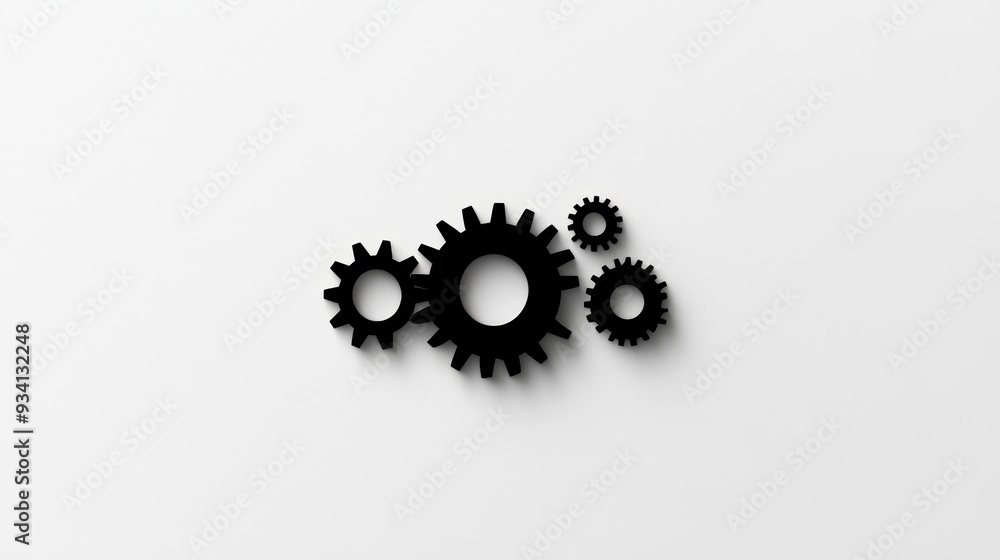 Poster interlocking gears: a symbol of teamwork and efficiency - four black gears, varying in size, are arr