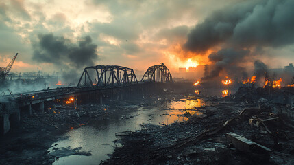 A photo of a bridge partially destroyed and burning, with a backdrop of smoke-filled skies and distant explosions, representing the aftermath of a conflict, with copy space