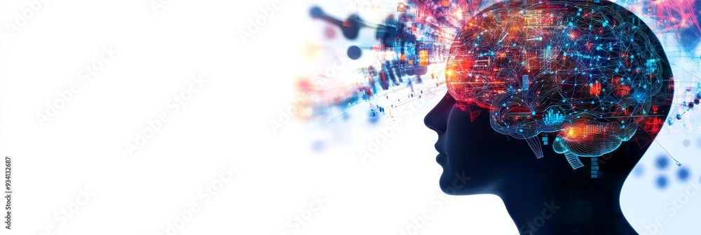 Poster human brain with digital data flow: artificial intelligence and technology concept - a silhouette of