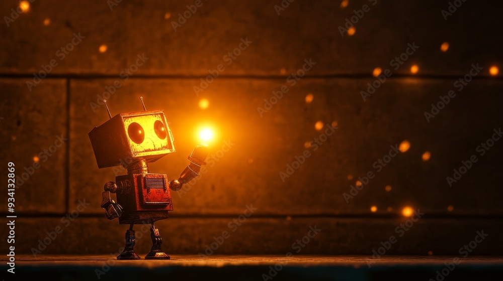 Poster little robot holding a light in a dark room - a small robot holds a light bulb in its hand, standing