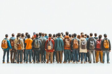 side,back and front view of a large group of people dressed in sports and casual clothes on white background, Generative AI