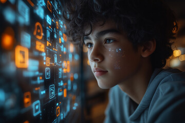 A teen boy working on a digital project about online privacy, with holographic displays and security icons floating around him in a sleek, modern setting.