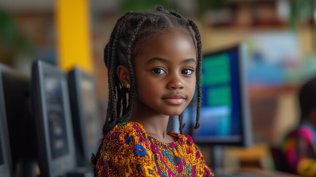 A young girl participating in a digital workshop on how to identify phishing emails, with interactive exercises and colorful visual cues guiding her learning.