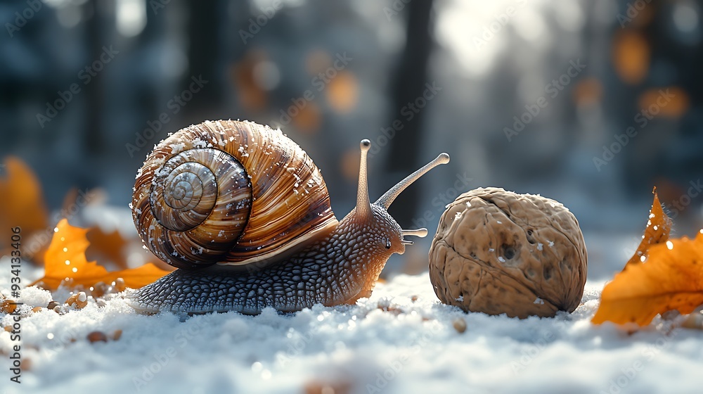 Poster a snail crawls on snow towards a walnut in a forest.