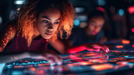Teens working together in a digital innovation lab, developing apps that promote online safety and digital literacy, with holographic screens and coding interfaces surrounding them