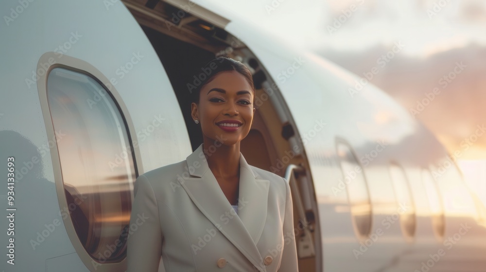 Poster a flight attendant greets passengers at the door of a private jet as the sun sets in the background,