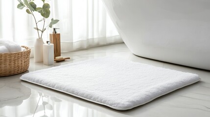 Luxurious White Bath Mat for a Spa-Like Bathroom Experience - A plush white bath mat in a modern bathroom setting, symbolizing cleanliness, comfort, luxury, relaxation, and spa-like ambiance.