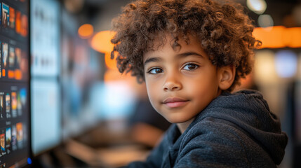 A young boy participating in a digital workshop on how to identify fake news, with interactive exercises and visual cues guiding his learning.